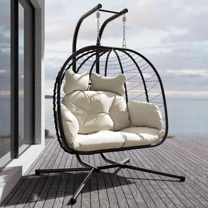 Double Indoor/Outdoor Wicker Swing Egg Chair Hammock Foldable Hanging Loveseat with Stand, UV Resistant Removable Cushions