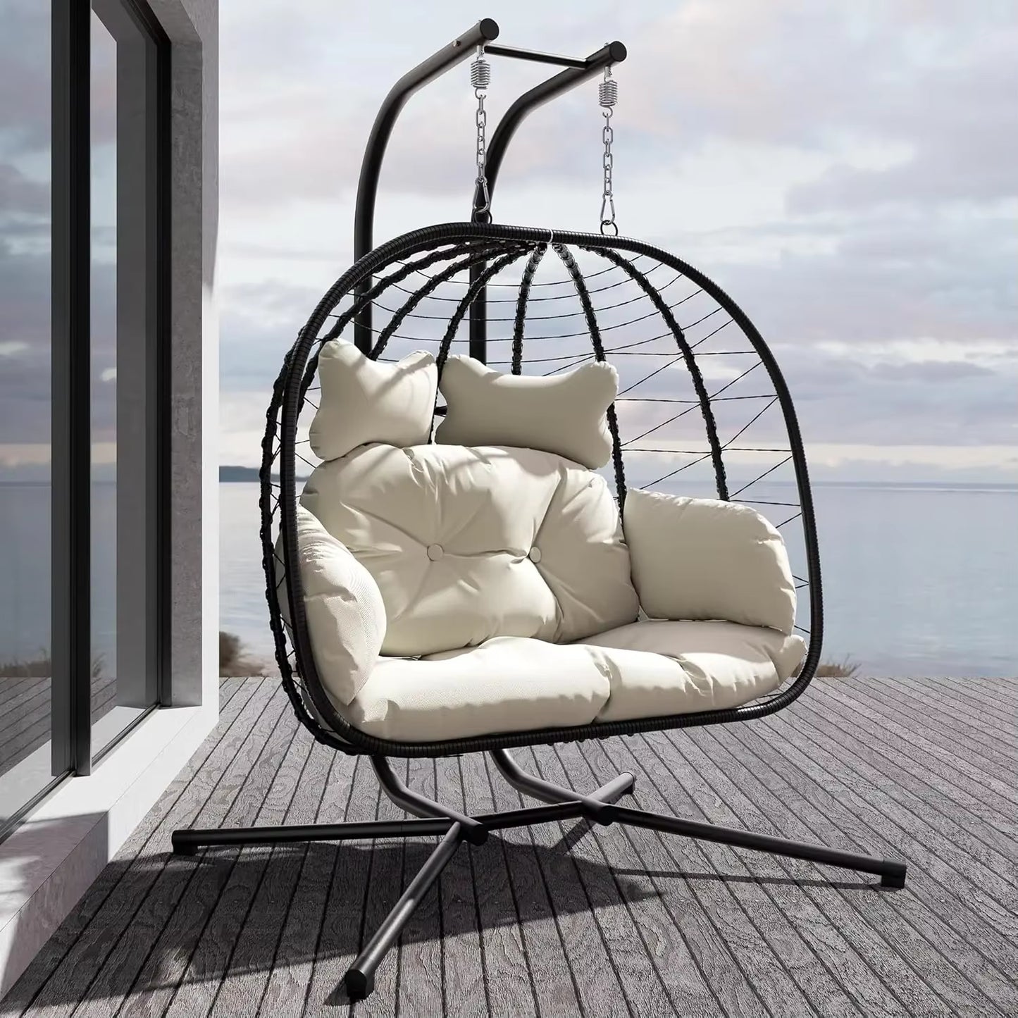 Double Indoor/Outdoor Wicker Swing Egg Chair Hammock Foldable Hanging Loveseat with Stand, UV Resistant Removable Cushions