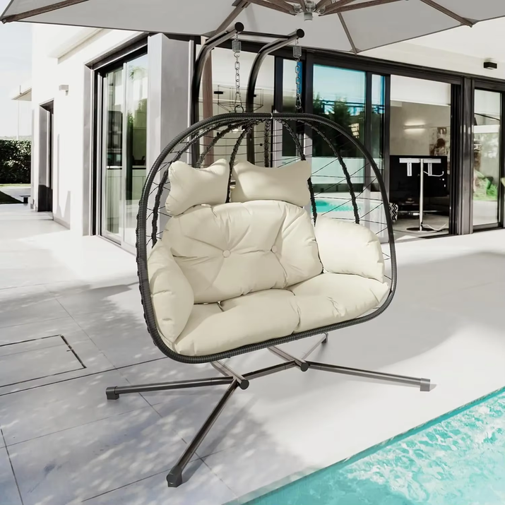 Double Indoor/Outdoor Wicker Swing Egg Chair Hammock Foldable Hanging Loveseat with Stand, UV Resistant Removable Cushions