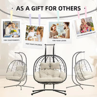 Double Indoor/Outdoor Wicker Swing Egg Chair Hammock Foldable Hanging Loveseat with Stand, UV Resistant Removable Cushions