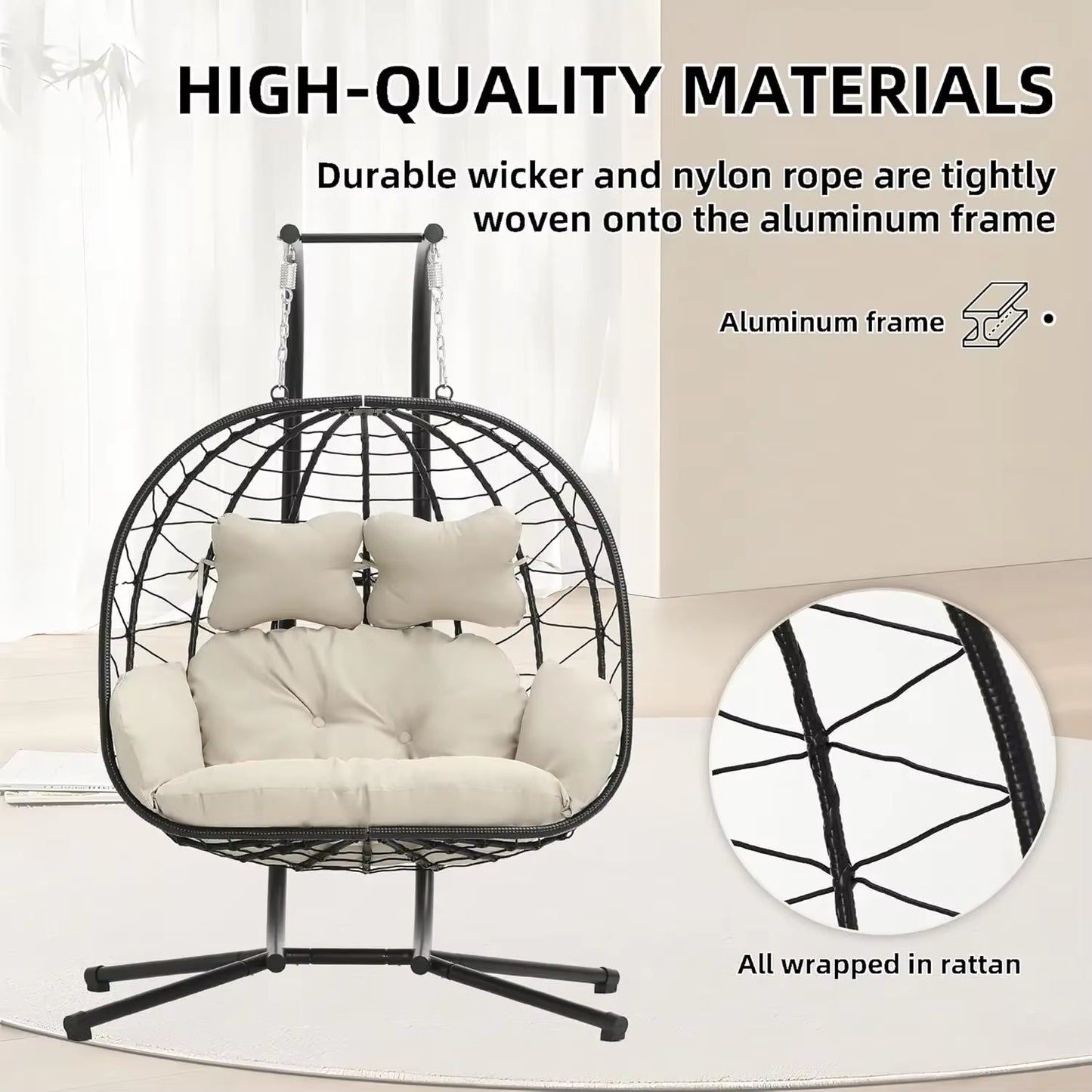 Double Indoor/Outdoor Wicker Swing Egg Chair Hammock Foldable Hanging Loveseat with Stand, UV Resistant Removable Cushions