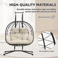 Double Indoor/Outdoor Wicker Swing Egg Chair Hammock Foldable Hanging Loveseat with Stand, UV Resistant Removable Cushions