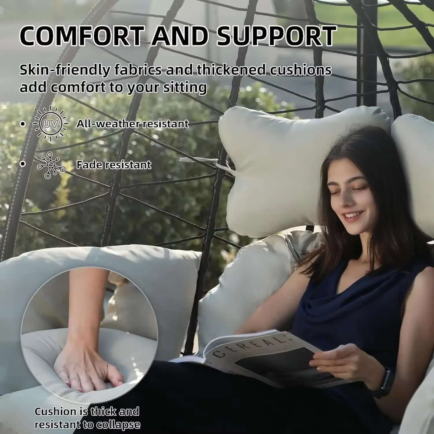 Double Indoor/Outdoor Wicker Swing Egg Chair Hammock Foldable Hanging Loveseat with Stand, UV Resistant Removable Cushions