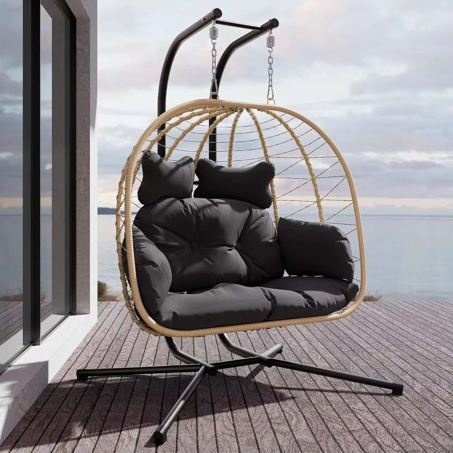 Double Indoor/Outdoor Wicker Swing Egg Chair Hammock Foldable Hanging Loveseat with Stand, UV Resistant Removable Cushions