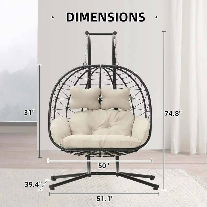 Double Indoor/Outdoor Wicker Swing Egg Chair Hammock Foldable Hanging Loveseat with Stand, UV Resistant Removable Cushions