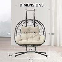 Double Indoor/Outdoor Wicker Swing Egg Chair Hammock Foldable Hanging Loveseat with Stand, UV Resistant Removable Cushions